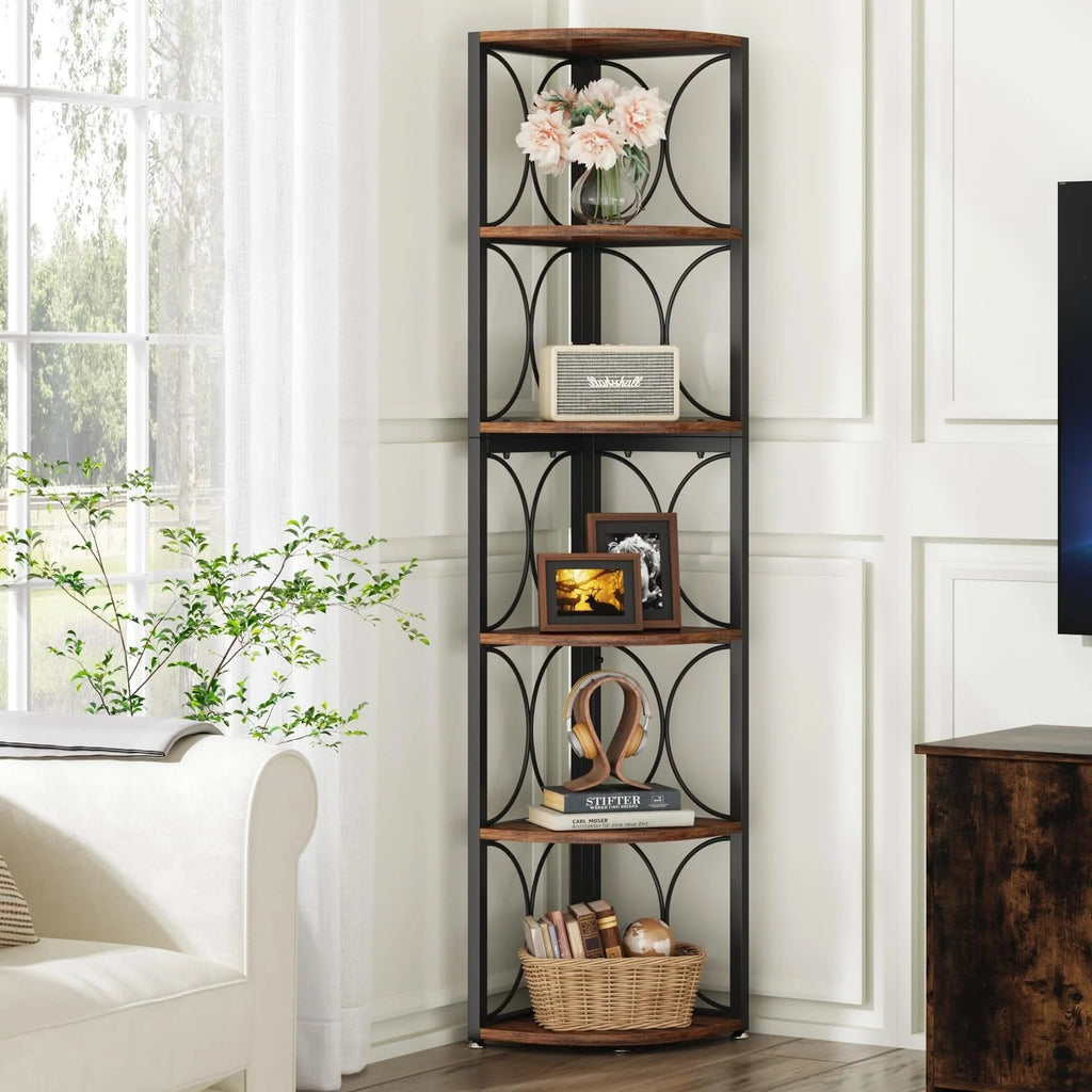 67 Inch Tall 6-Tier Freestanding Corner Bookshelf and Storage Shelving Unit