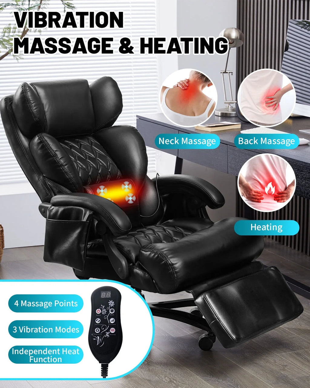 Big And Tall Executive Office Chair, 800 Lbs, 8-Node Massage, Heat, PU Leather, Adjustable Footrest