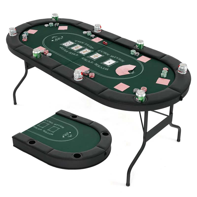 8-Player Foldable Poker Table, 72in With Cup Holders - Blue/Black/Green