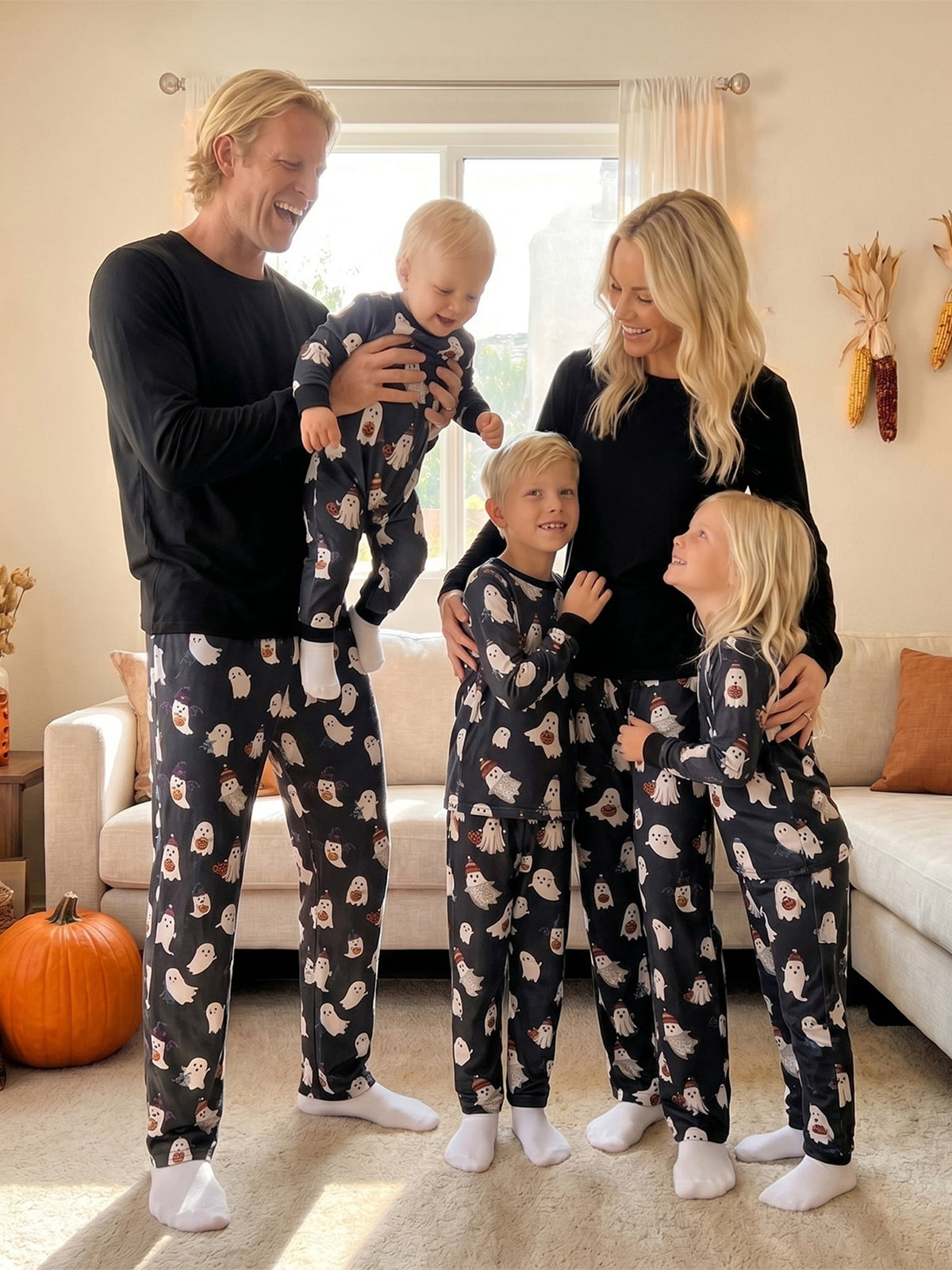 RUINIXCW Family Matching Halloween Ghost Pajama Set Black Long Sleeve Sleepwear for Trick or Treat Party Holiday Photos