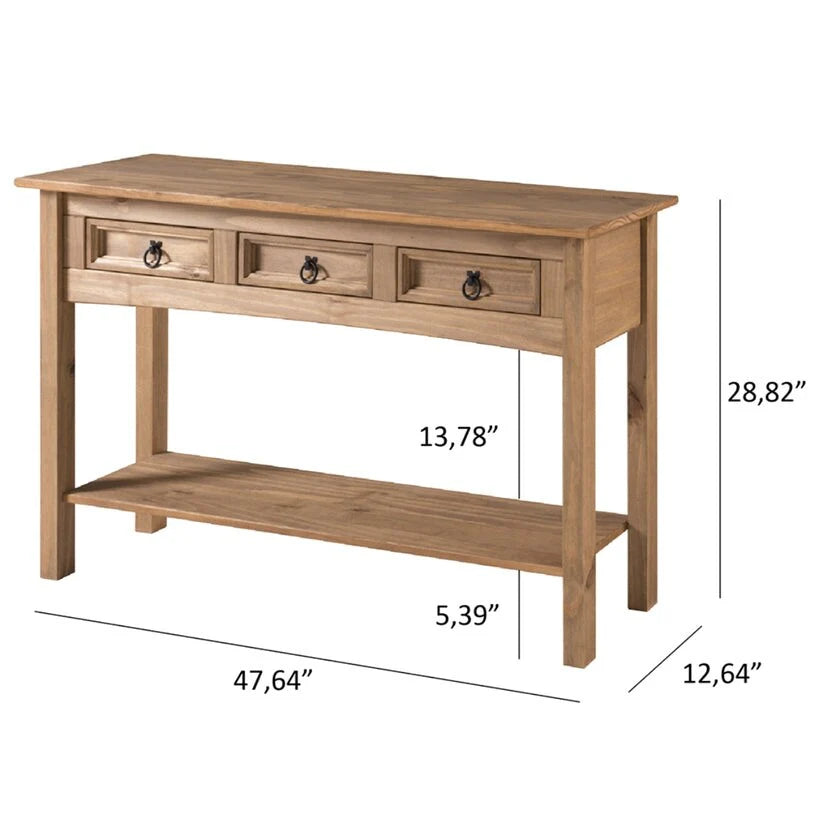 Solid Pine Wood Console Table With 3 Drawers - 47.99in W x 12.64in D x 28.82in H