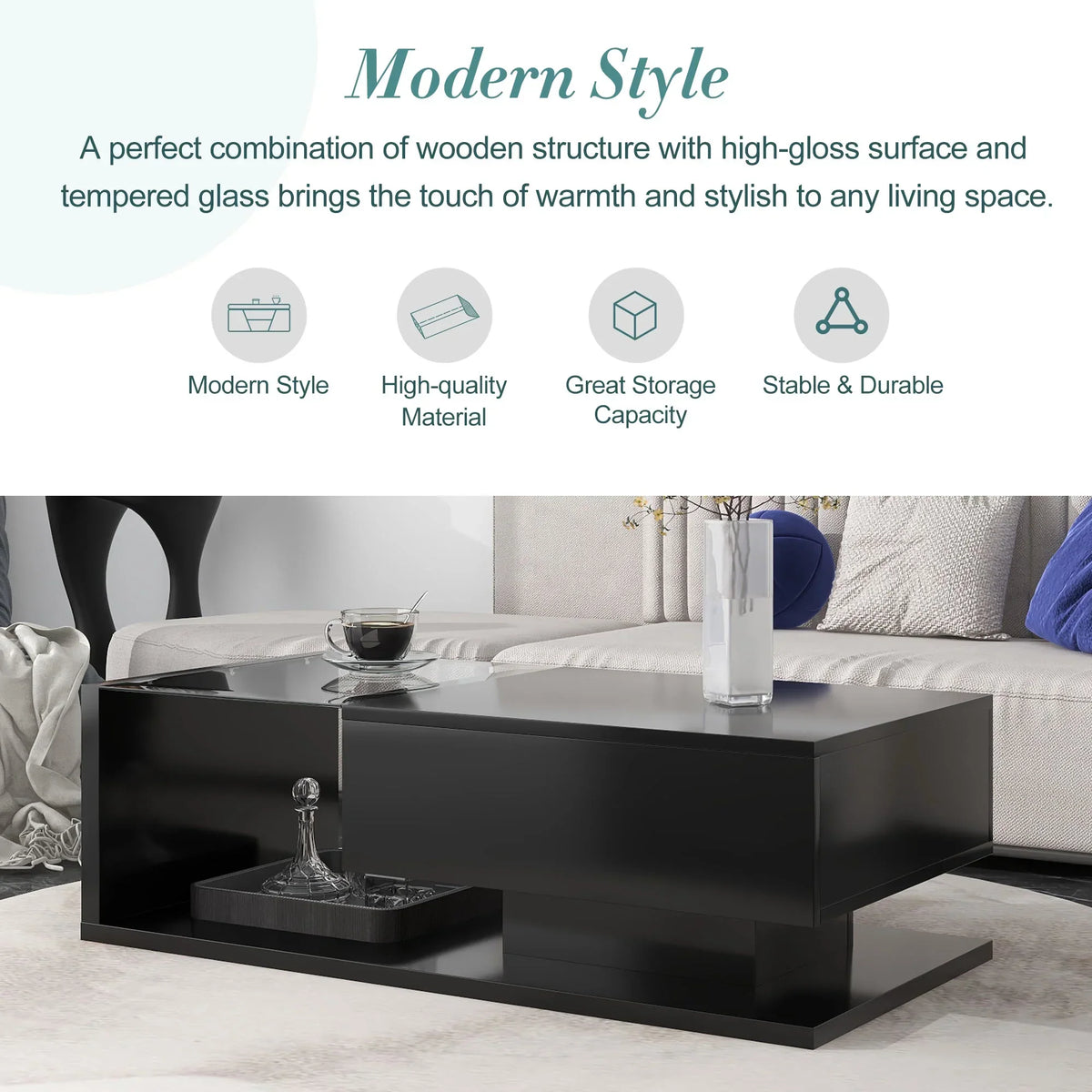 JQCX Modern Coffee Table With Tempered Glass, High-Gloss UV Surface And 2-Tier Storage