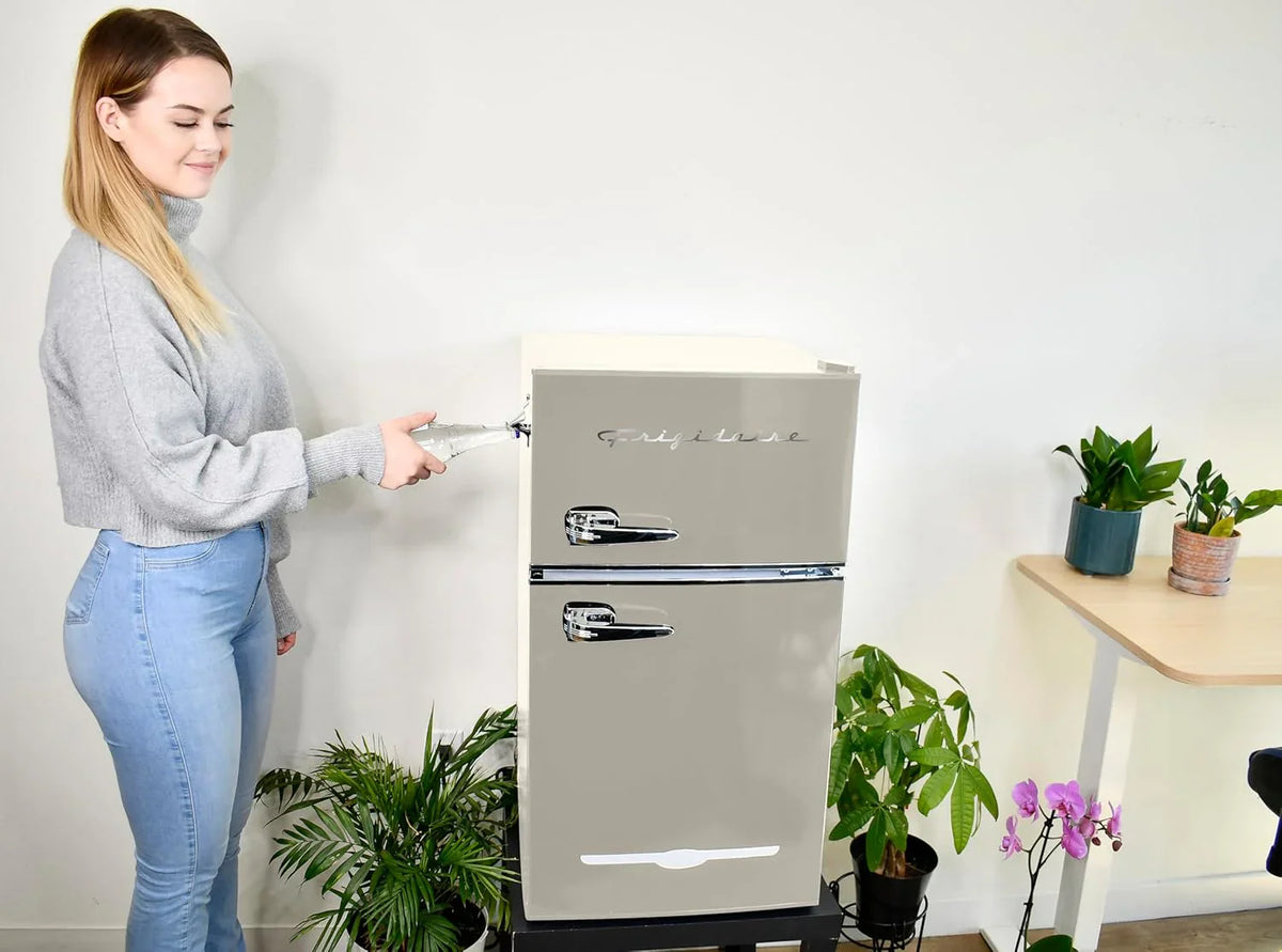Frigidaire Retro 2 Door Mini Refrigerator With Freezer And Side Bottle Opener, 3.1 Cu Ft, 19in D x 20.5in W x 33.5in H