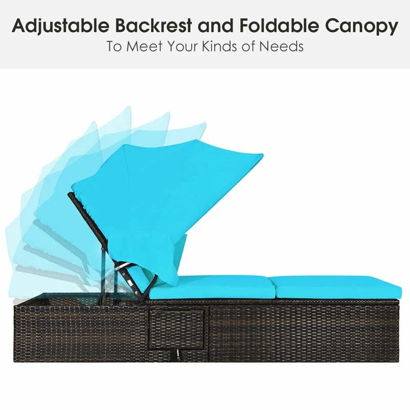 Cushioned Rattan Outdoor Chaise Lounge Chair With Folding Canopy, Flip-Up Tea Table And 5 Positions