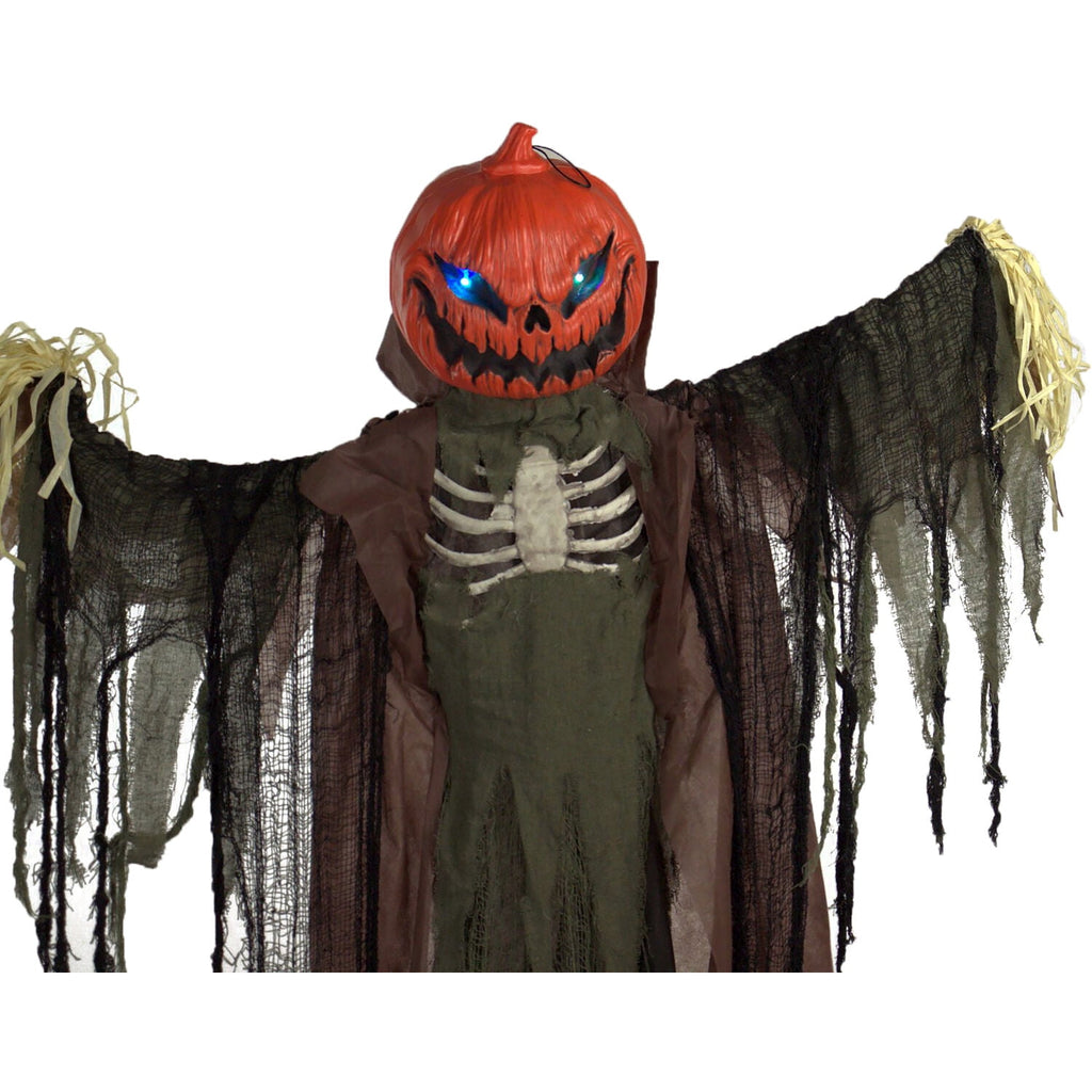 Haunted Hill Farm Life-Size Poseable 6.7-Ft. Pumpkin Scarecrow with Lights and Sound, Indoor or Covered Outdoor Halloween Decoration