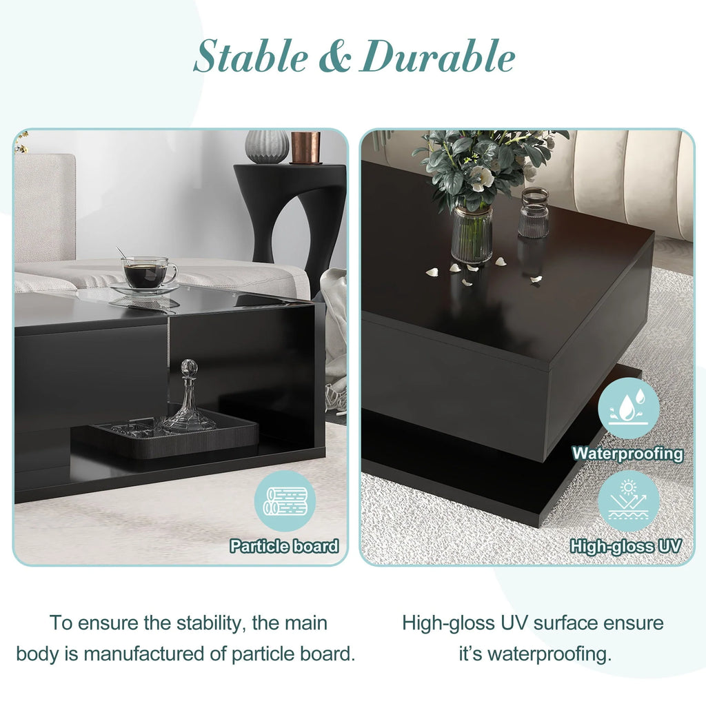 JQCX Modern Coffee Table With Tempered Glass, High-Gloss UV Surface And 2-Tier Storage
