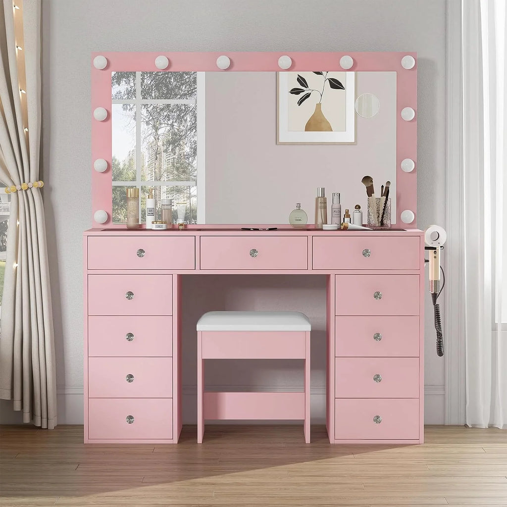 Makeup Vanity Desk With Lighting Mirror, Power Outlet, 37in W, 5 Drawers, Black