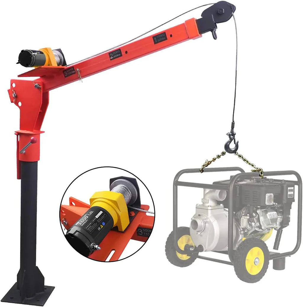 Pismire Folding Truck-Mounted Bed Crane Hoist, 1100 lb, 3500 lb 12V Electric Winch, Yellow Painted Steel - 3500lb