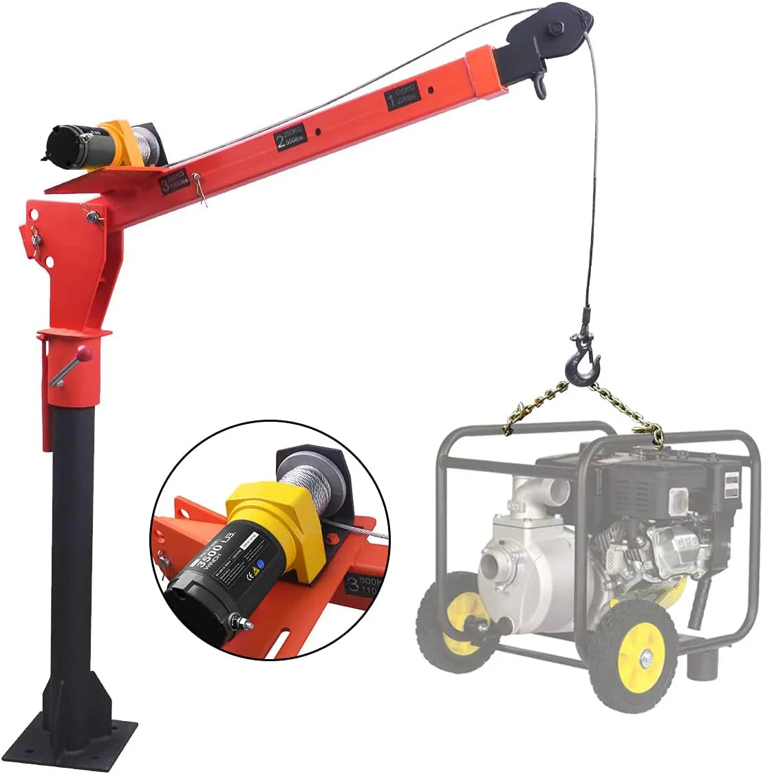 Pismire Folding Truck-Mounted Bed Crane Hoist, 1100 lb, 3500 lb 12V Electric Winch, Yellow Painted Steel - 3500lb