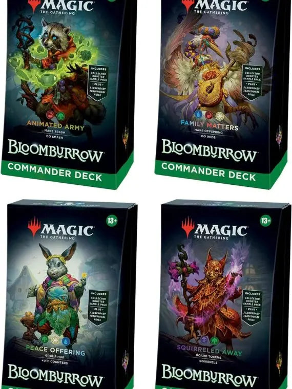 Magic: The Gathering Bloomburrow Commander Deck Bundle - Four Themed Decks: Animated Army, Family Matters, Peace Offering, Squirreled Away