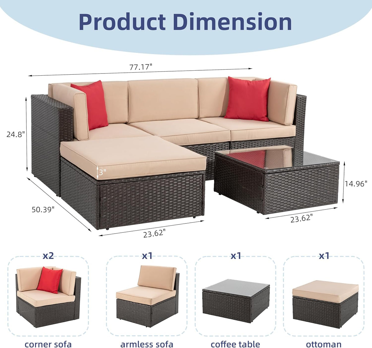 5-Piece All-Weather Wicker Patio Conversation Set With Ottoman And Cushions