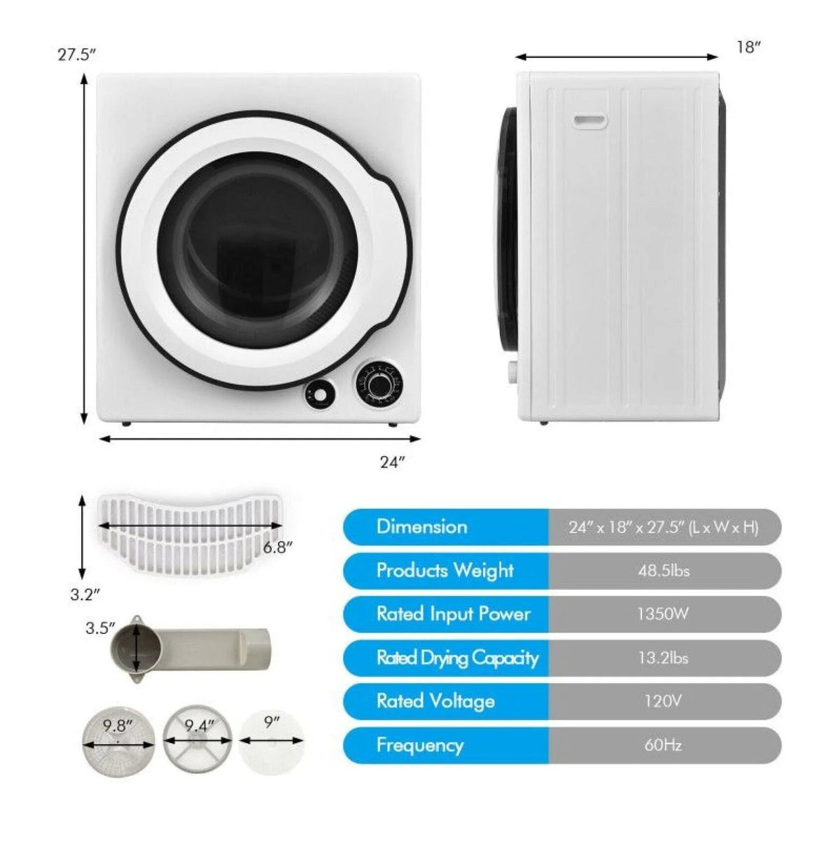 Compact Electric Tumble Dryer, 13.2lbs, White, Stainless Steel Tub, 4 Drying Modes, 2 Heat Settings