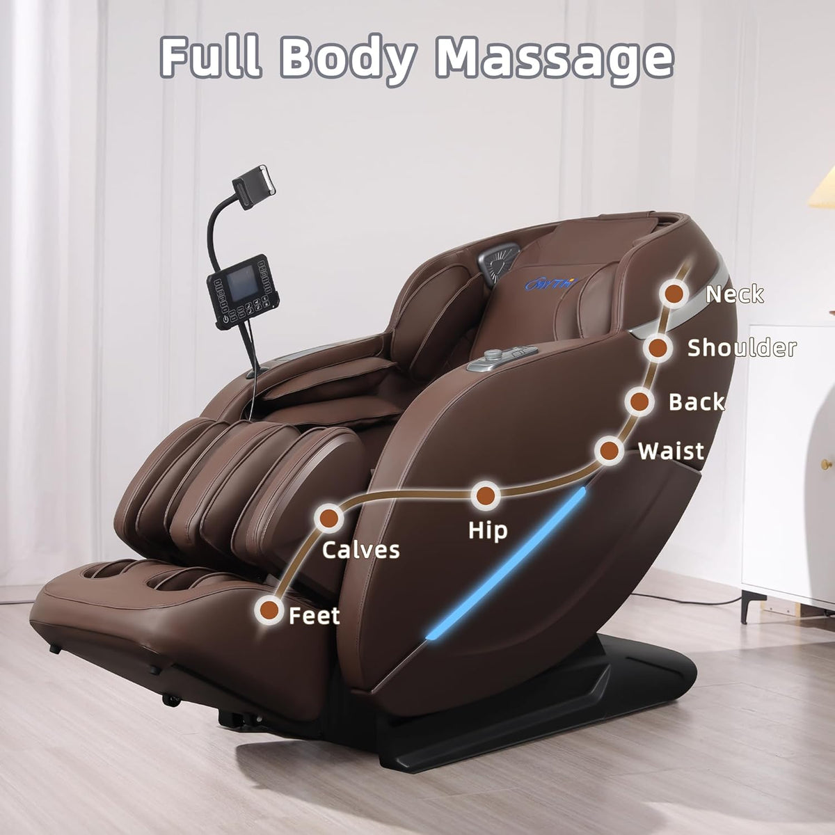 MYTHIA Full Body Zero Gravity Massage Chair With SL Track, Lumbar Heat, Foot Rollers And Bluetooth - A303C, Brown