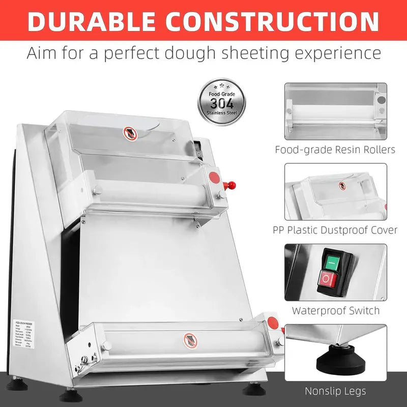 Commercial Electric Pizza Dough Sheeter, 16-Inch Max Width, 370W Stainless Steel Roller