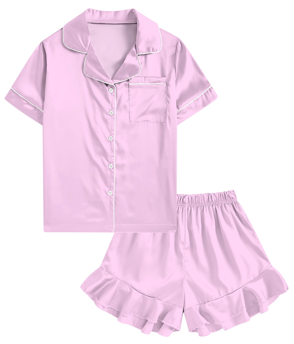 Aideaone Girls Satin Pajama Set Short Sleeve Button Down Silk Sleepwear 2 Piece Summer Loungewear for Child Girl 6-14Y