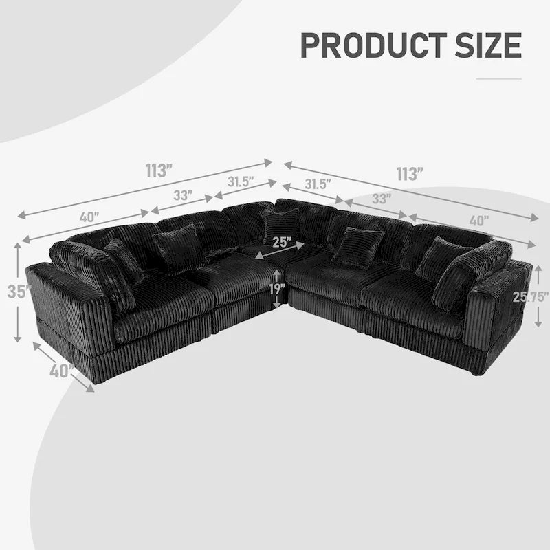 6-Piece Corduroy Upholstered L-Shaped Modular Sectional Sofa