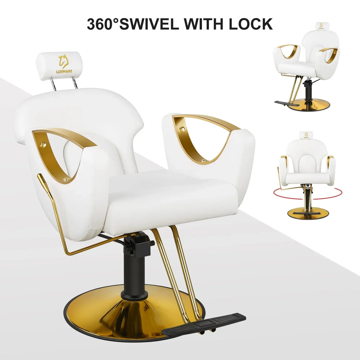 LUXMARS Reclining Hydraulic Barber Chair, White, 40 Inches To 46 Inches