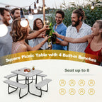 8-Person Outdoor HDPE Square Picnic Table And Bench Set, 67in x 67in x 30in, Metal Frame