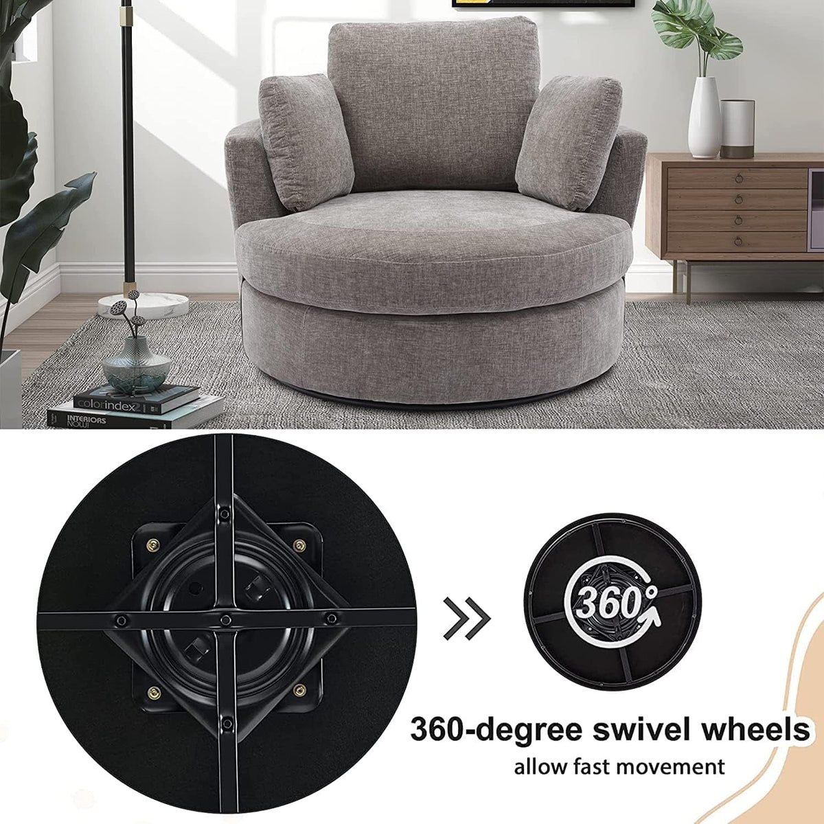 42in W Swivel Barrel Chair, Chenille Fabric, Grey