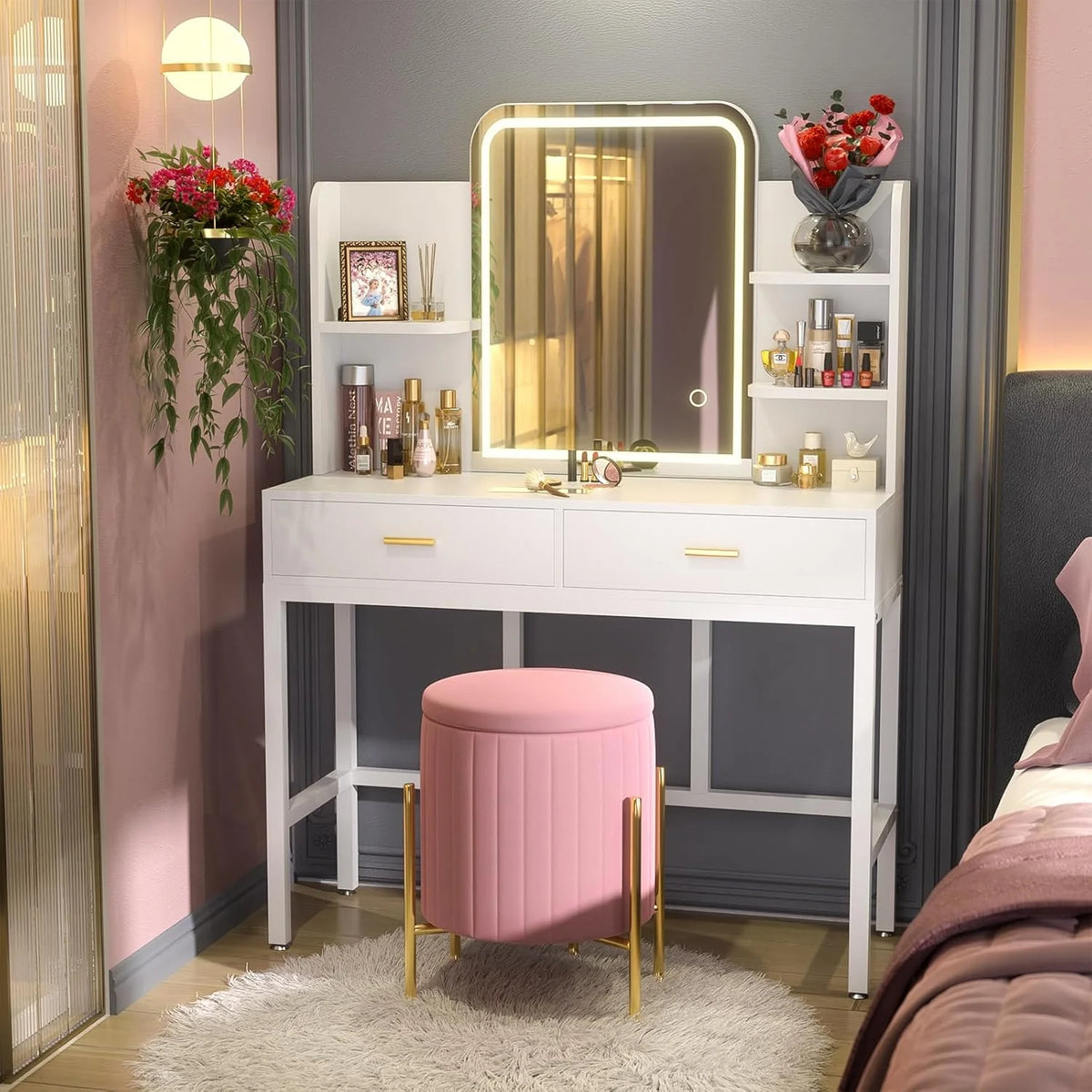 Cyclysio Makeup Vanity Desk With LED Mirror, 2 Drawers And 5 Open Shelves