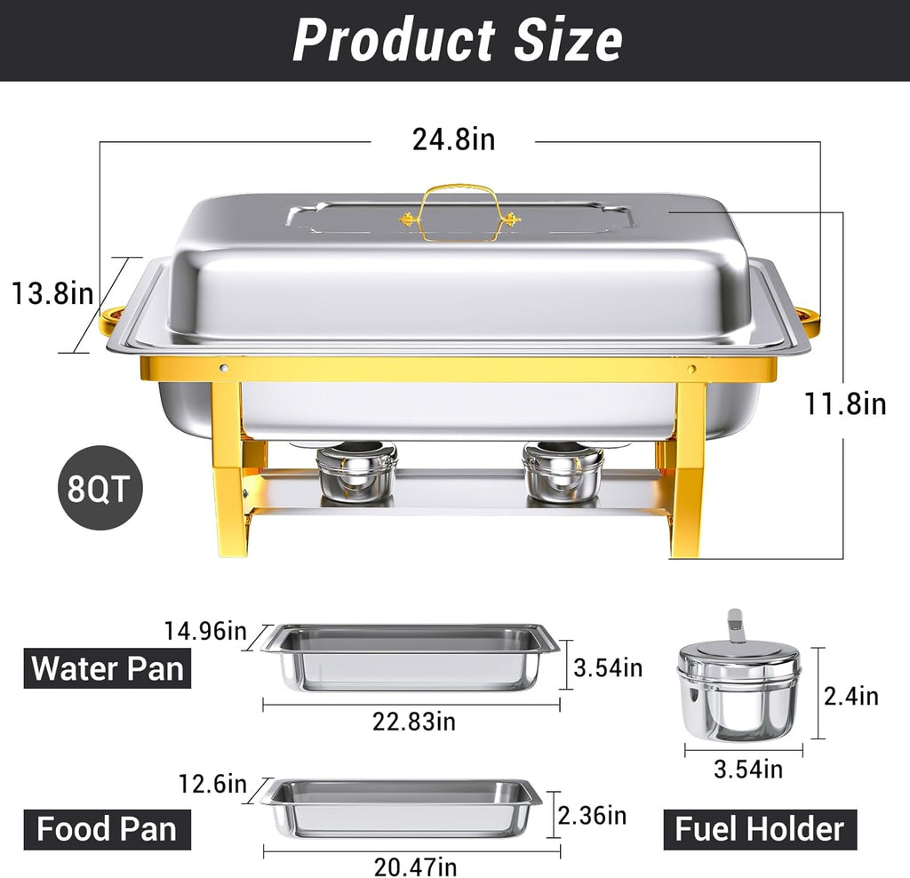 Chafing Dish Buffet Set, 8 Qt, 4 Pack, Full Size Pan, Half Gold