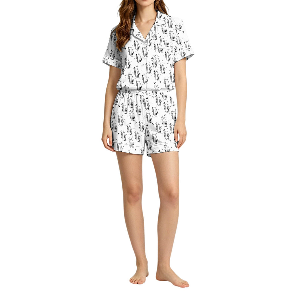 MEZZALL Women Halloween Printed Pajama With Lapel Collar Short Sleeve Tops And Shorts For Home Wear Cozy For Lightweight And Breathable Comfort Relaxed Fit 2 Piece Pjs