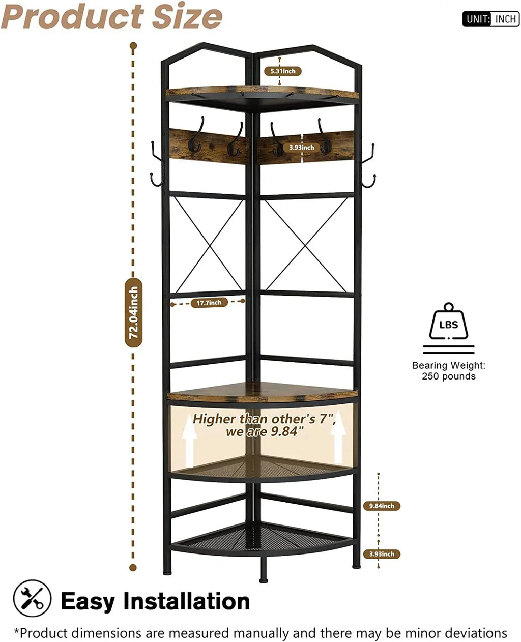 Corner Coat Rack Hall Tree With Shoe Bench, 6 Metal Hooks, Rustic Brown And Black, 17.72in x 17.72in x 72.05in