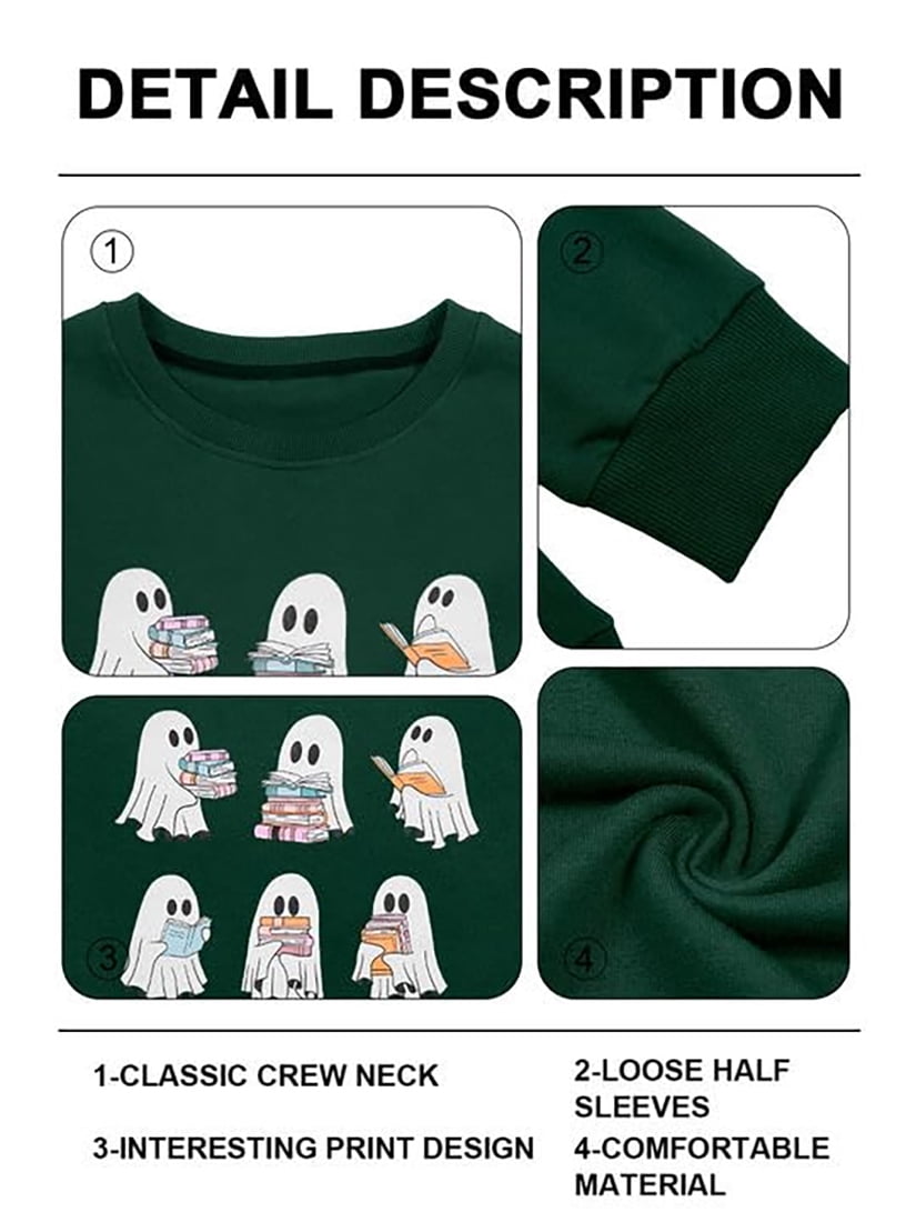 KimSoong Halloween Sweatshirts for Women Ghost Reading Books Sweater Cute Spooky Bookish Shirt Fall Pullover Tops