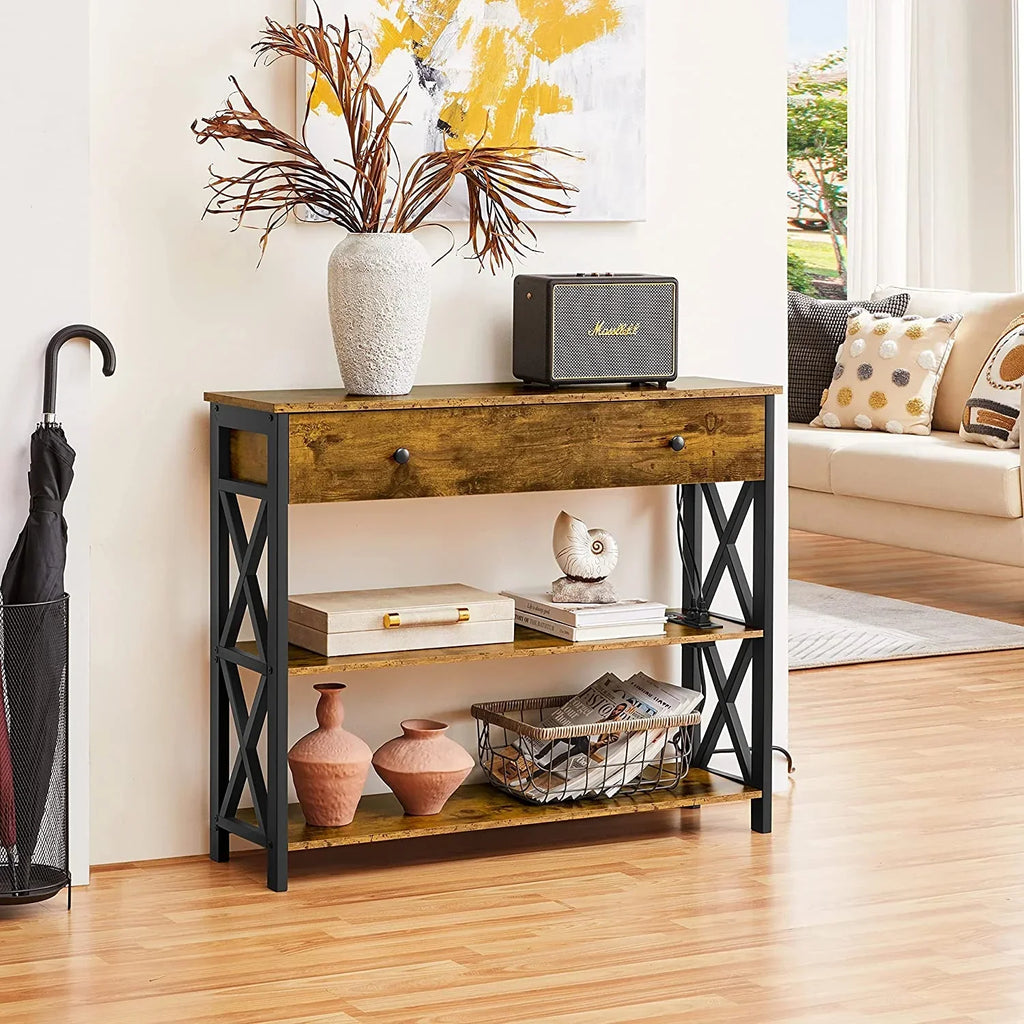 Console Table With Drawer And 3 Tier Storage Shelves