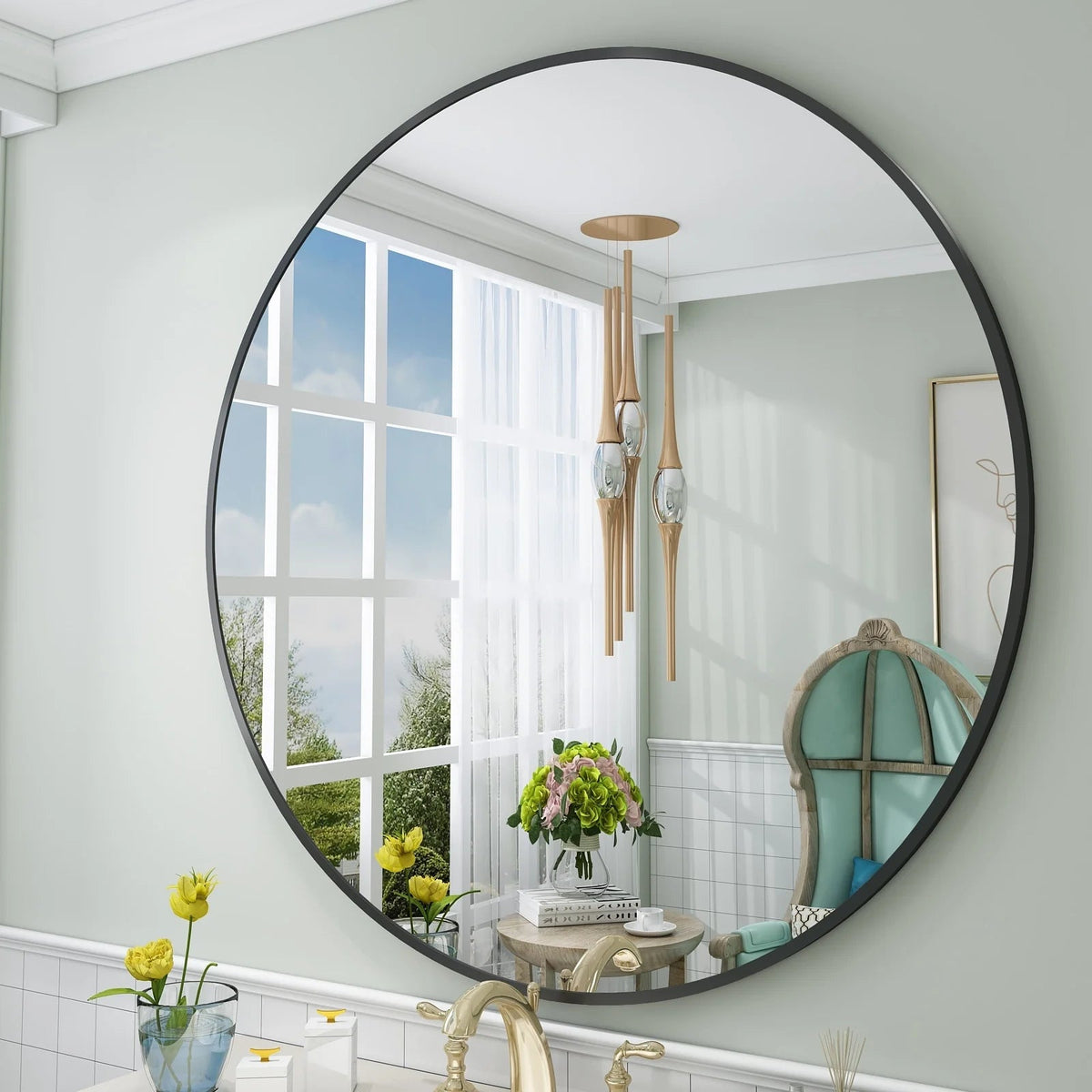 Round Metal Black Frame Bathroom Vanity Mirror - Wall Mounted