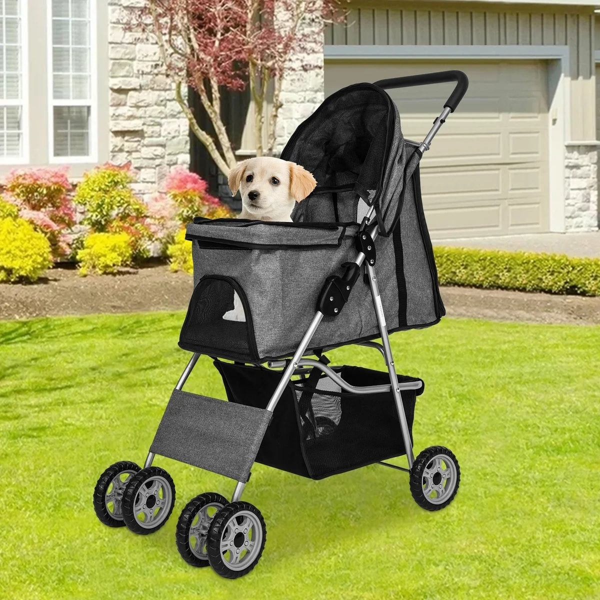 NiamVelo 4-Wheel Foldable Pet Stroller With Cup Holders And Storage Basket - 30 LBS Capacity