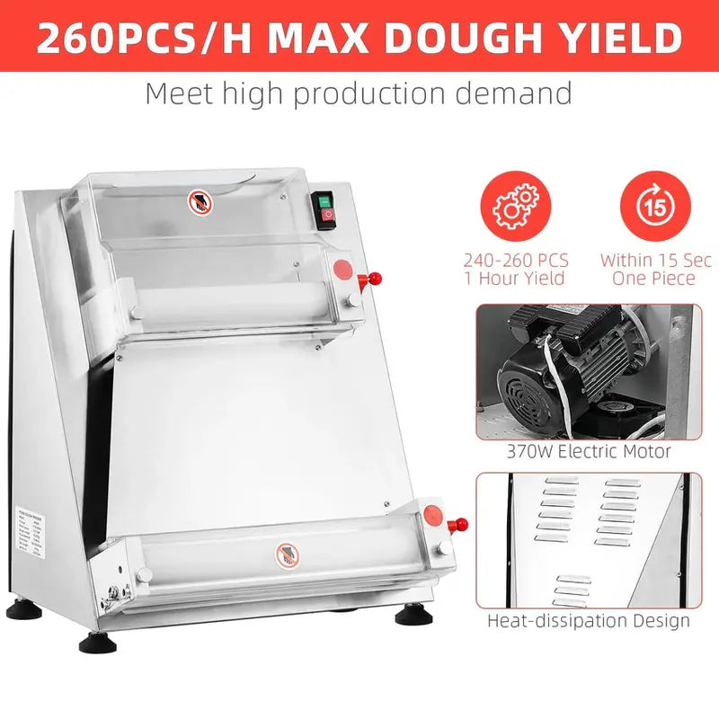 Commercial Electric Pizza Dough Sheeter, 16-Inch Max Width, 370W Stainless Steel Roller