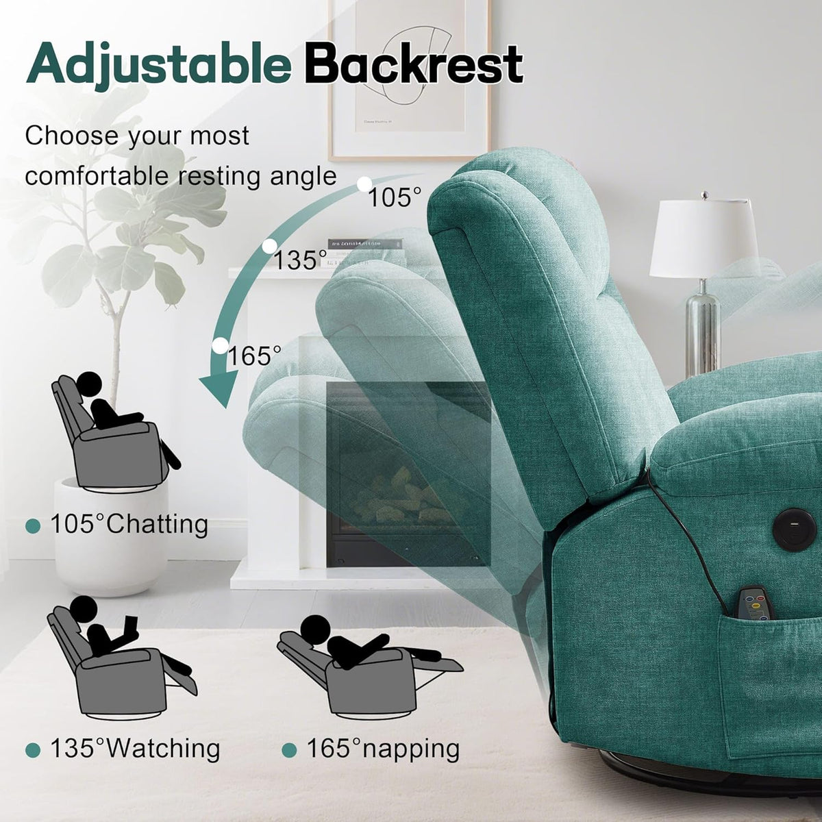 Korser Swivel Rocker Recliner Chair With Massage, Heating, USB Charging And Storage