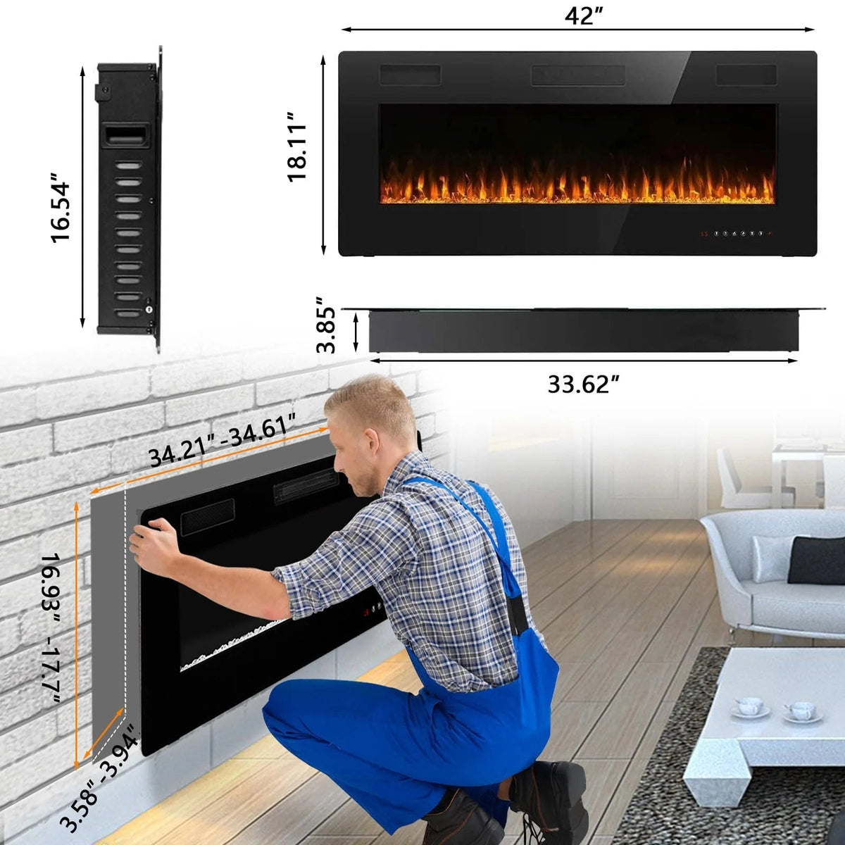 Ultra-Thin Linear Electric Fireplace, 30-72 Inch, Wall Mounted/Recessed