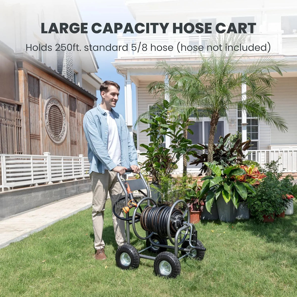 Giraffe Tools Heavy Duty Garden Hose Reel Cart With Wheels, 5/8in-250ft Hose Capacity