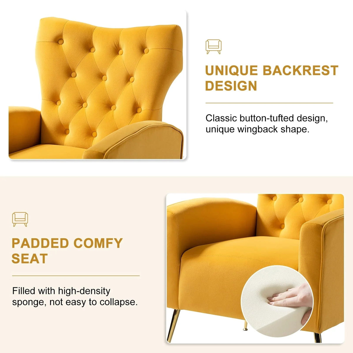 14 Karat Home Velvet Accent Chair With Button-Tufted Back And Metal Legs - Mustard