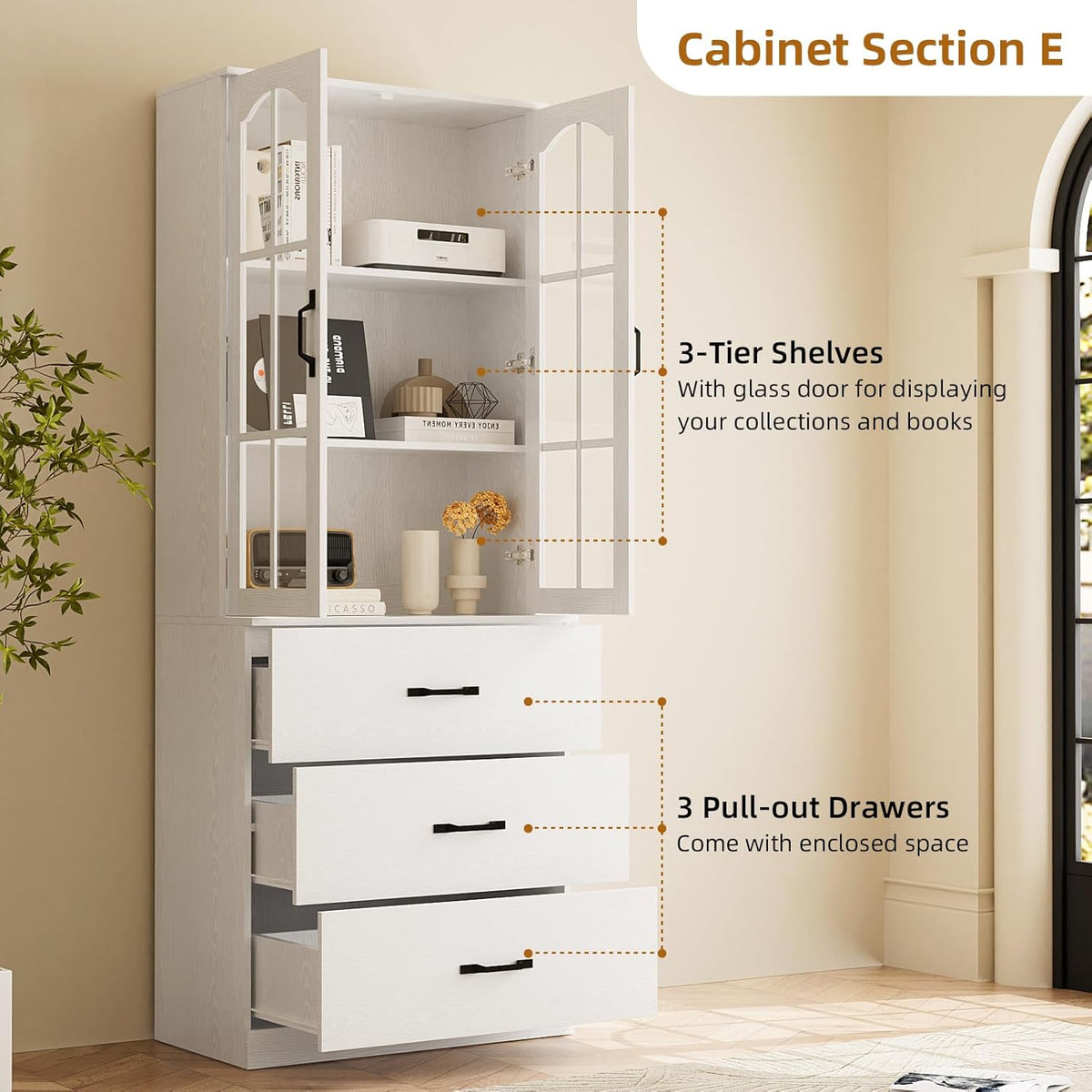 TUSY 71in Tall 6-Tier Bookcase With Glass Door, Drawer, And 23.6in Width - AEA