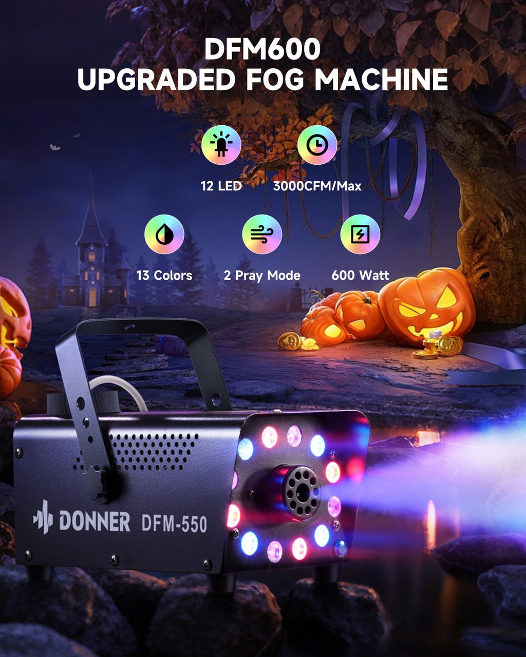 Donner Halloween Fog Machines 600W, 3000 CFM, 13 Colors, 12 RGB LED Lights, Smoke Machine for Party Wedding
