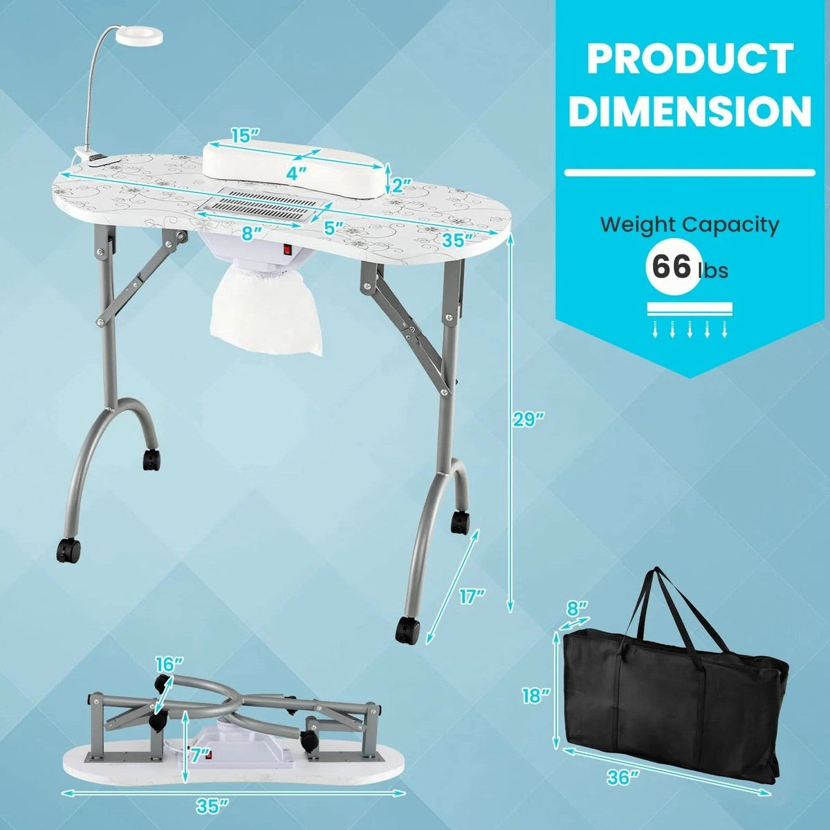 LDAILY Portable Nail Table With Electric Dust Collector