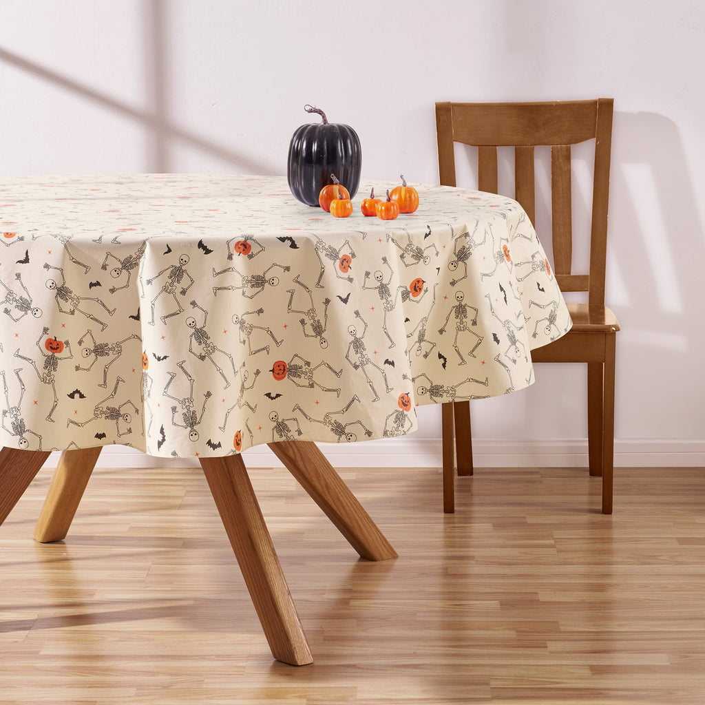 Way To Celebrate Halloween PEVA Tablecloth, For Table 70" Round - Skeleton Pumpkin Head Toss