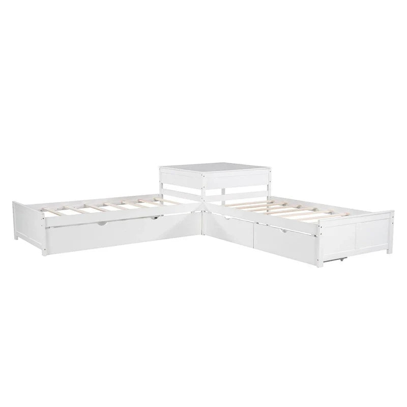 White Twin Size L-Shaped Platform Bed With Trundle And 2 Drawers