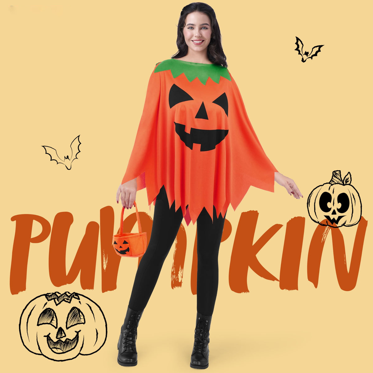 Joyfy Women Pumpkin Poncho Costume Adult, Pumpkin Costume Halloween Costumes for Women Fancy Dress Cosplay