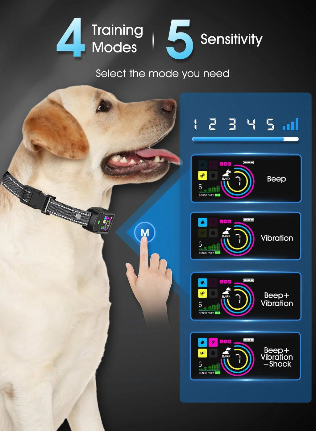 Smart Dog Bark Collar With 4 Training Modes, 5 Sensitivity Levels, Waterproof, Magnetic Charging - Black