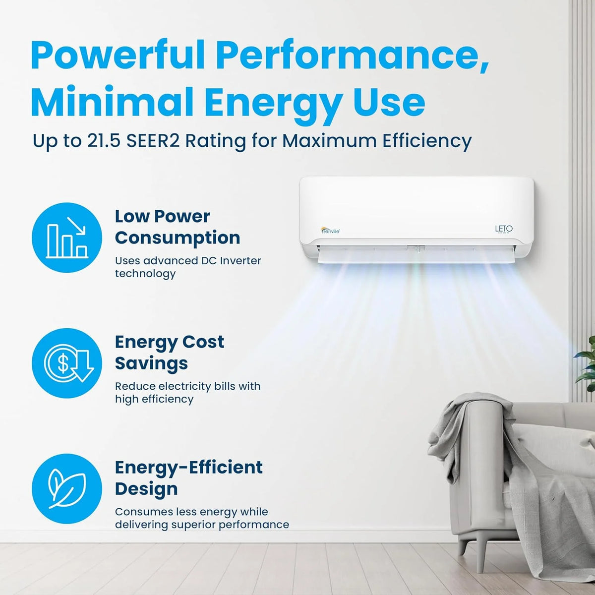 Senville Mini Split Air Conditioning Heat Pump, 9000 Watts, 110/120 Volts, White