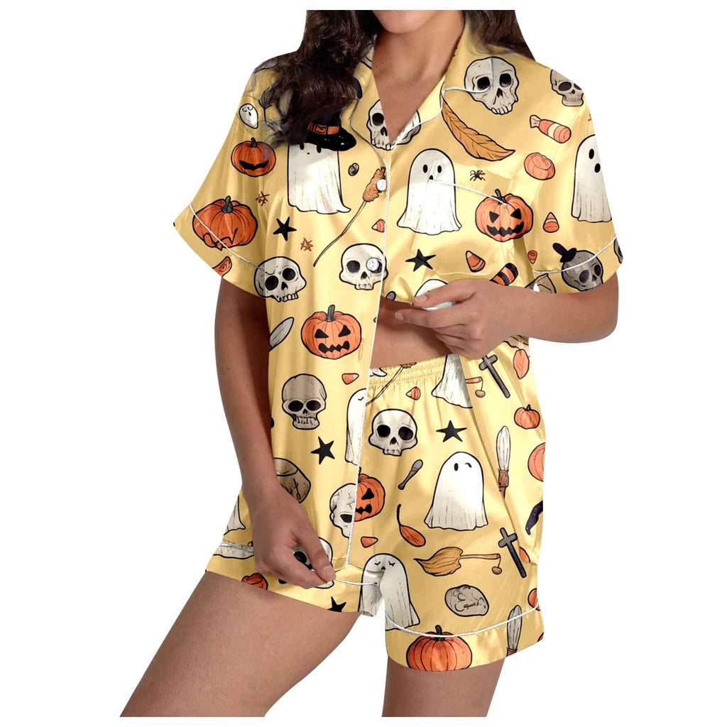 MEZZALL Women Halloween Printed Pajama With Lapel Collar Short Sleeve Tops And Shorts For Home Wear Cozy For Lightweight And Breathable Comfort Relaxed Fit 2 Piece Pjs