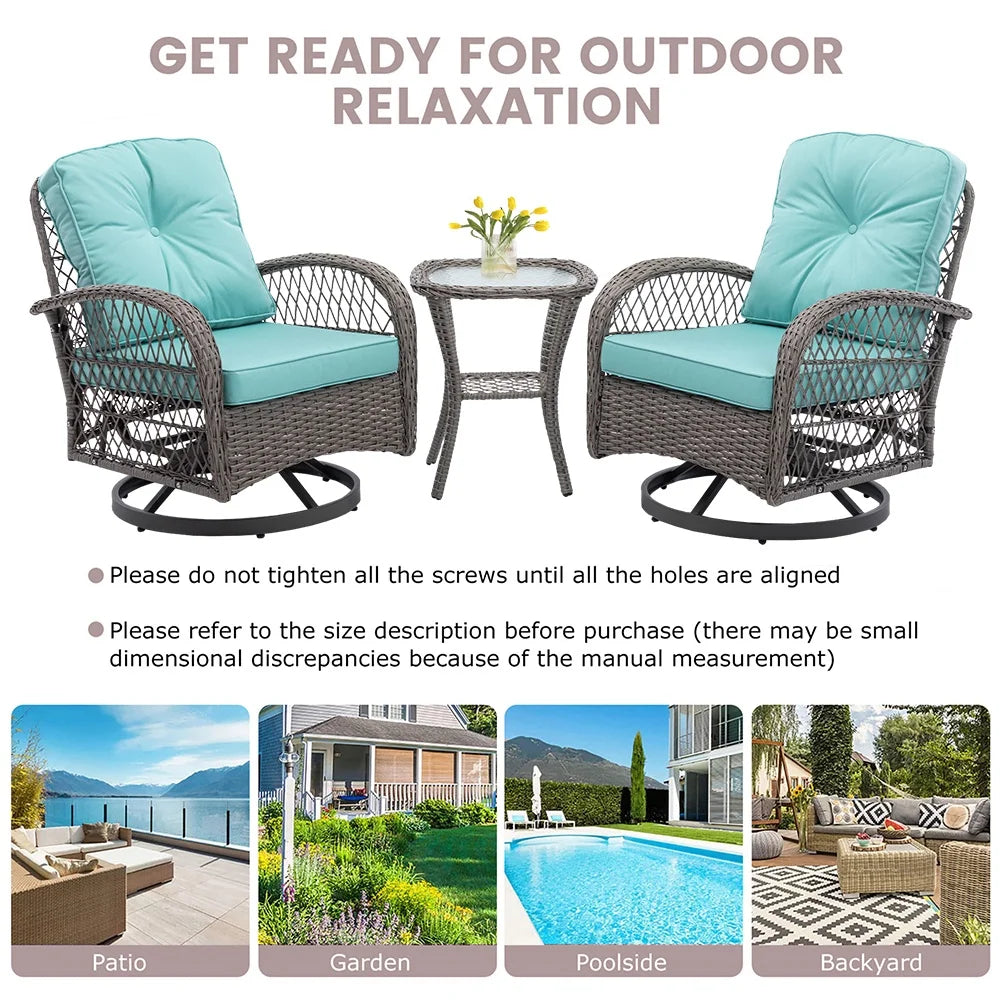 3-Piece Patio Swivel Rocking Chair Set With Glass Top Table - 2 Chairs