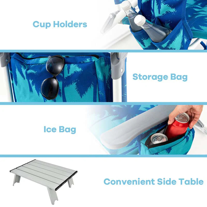 2-Pack 5-Position Outdoor Folding Backpack Beach Chairs With Side Table Set