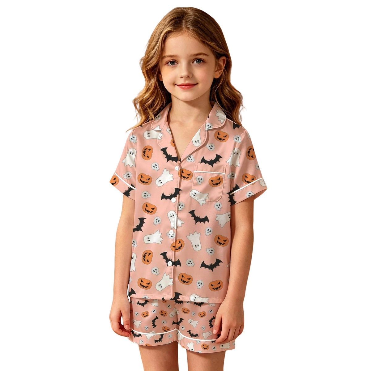 CUZIBR Girls Halloween Pajamas Sets Soft Comfortable Ghost Pumpkin Lapel Button Short Sleeve Shirt Elastic Waist Shorts 2 Pieces Sleep Loungewear Relaxed Sleepwear Outfits, Orange-C