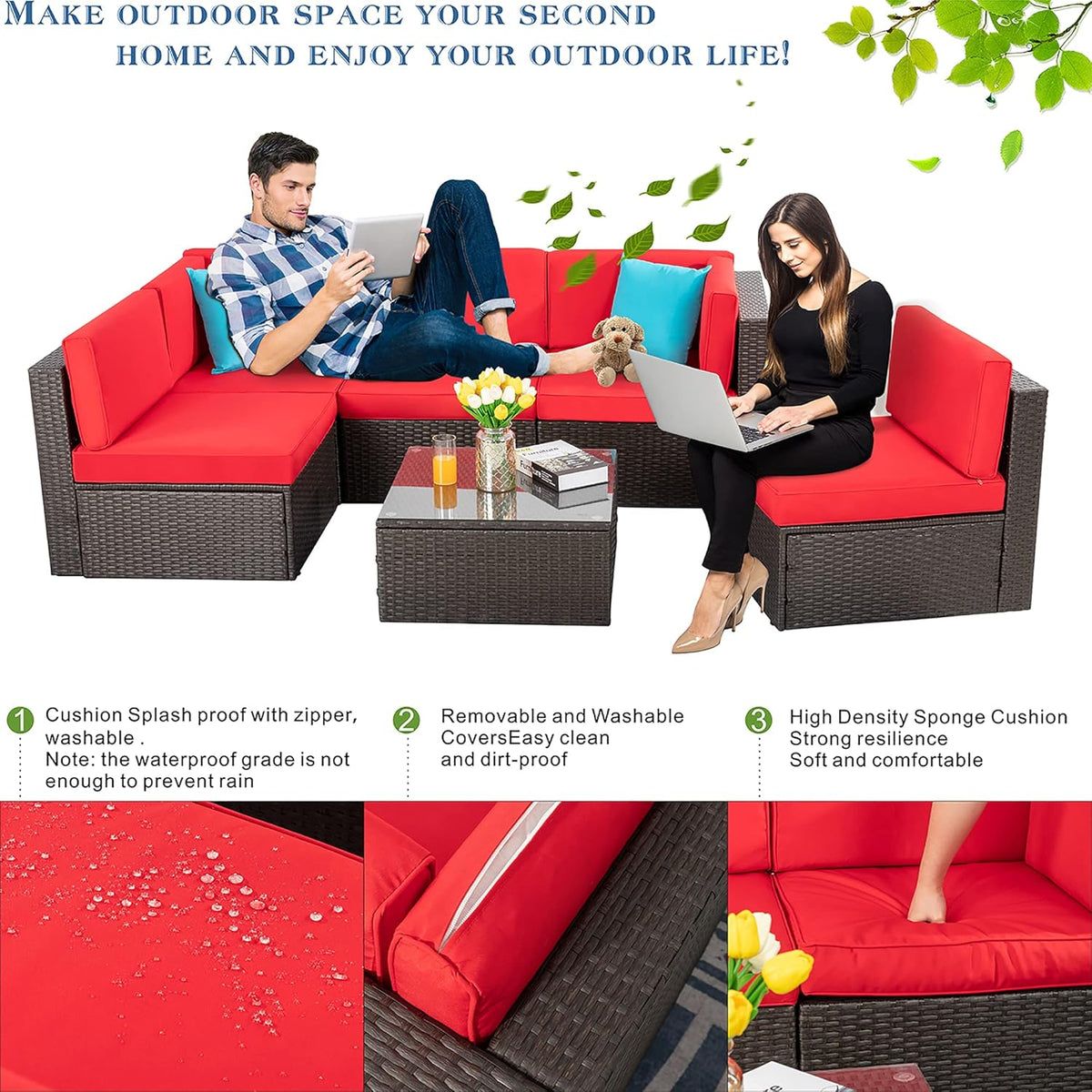 5-Piece All-Weather Wicker Patio Conversation Set With Ottoman And Cushions