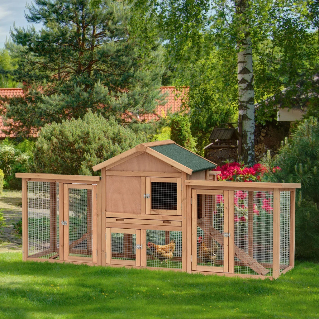 PawHut Wooden Outdoor Chicken Coop With Nesting Box, Double Runs, Removable Tray And Ramps - 80 inch